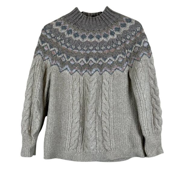 Chico's Fair Isle Sweater Womens M Beige Cotton Cable Knit Cozy Cottagecore - Picture 5 of 7